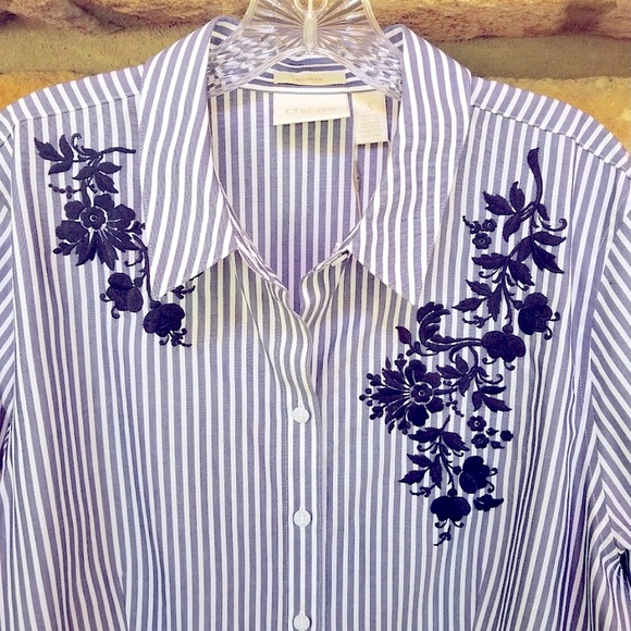 Chico’s Lovely Floral Design Embroidery Striped Button Down Long Sleeve Shirt - Picture 3 of 12